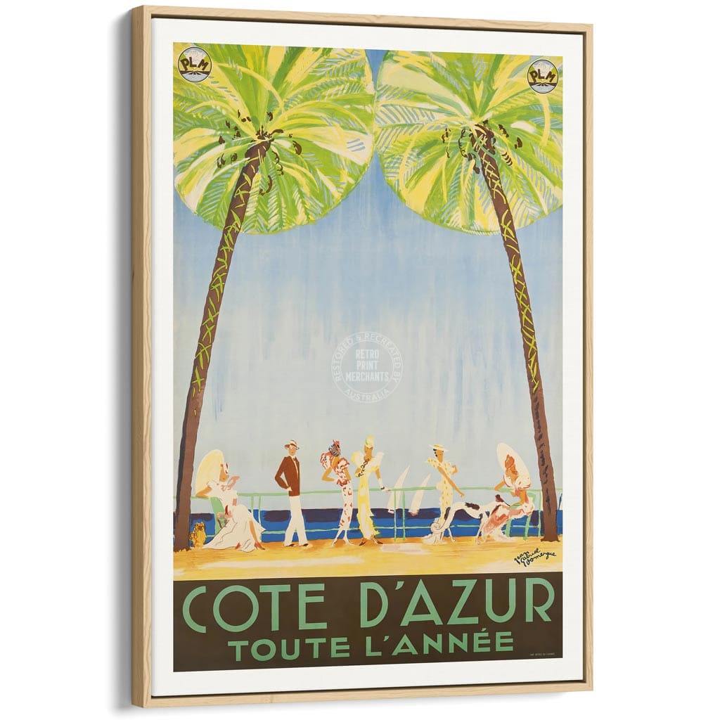 Cote D’azur | France A3 297 X 420Mm 11.7 16.5 Inches / Canvas Floating Frame: Natural Oak Timber