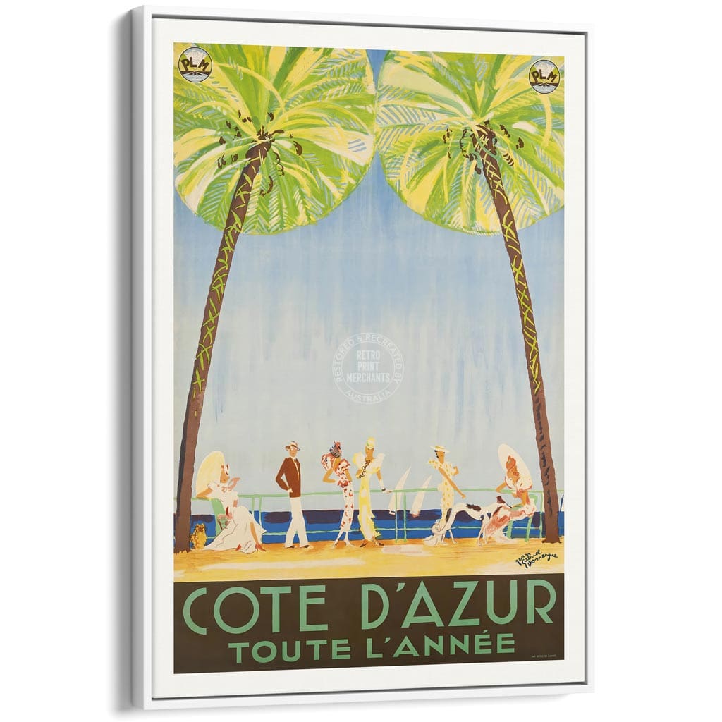 Cote D’azur | France A3 297 X 420Mm 11.7 16.5 Inches / Canvas Floating Frame: White Timber Print Art