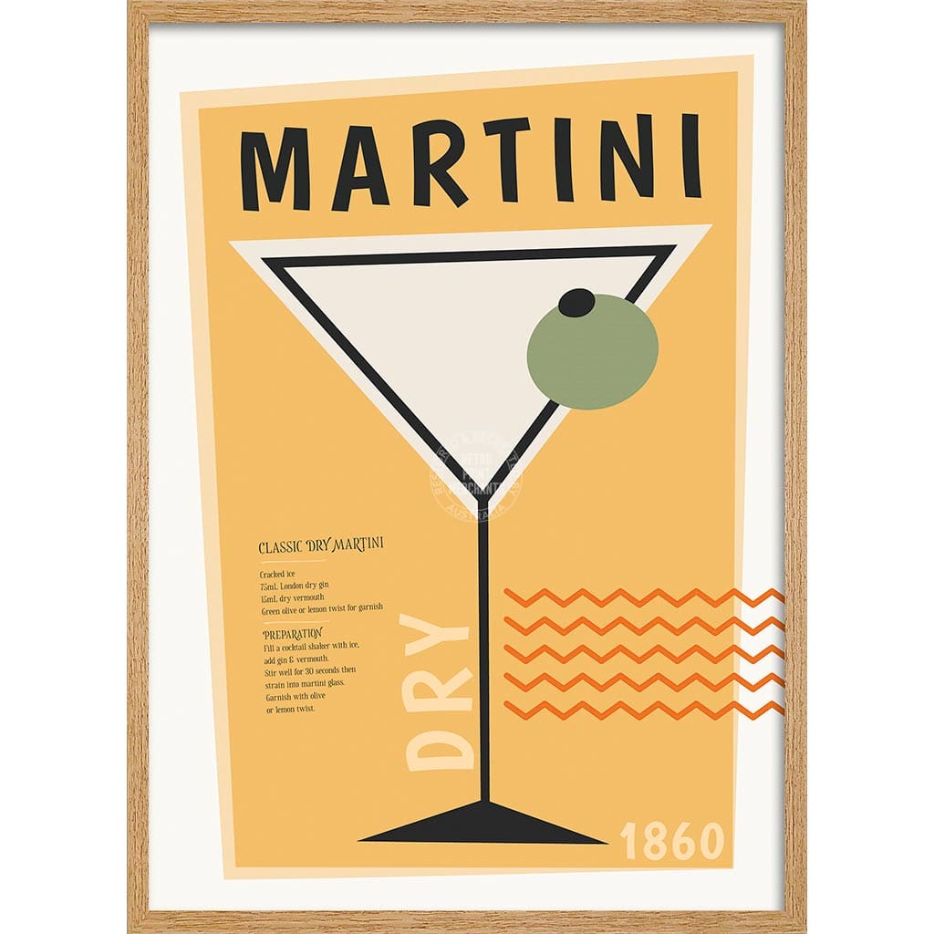 Dry Martini Cocktail | Worldwide A4 210 X 297Mm 8.3 11.7 Inches / Framed Print: Natural Oak Timber