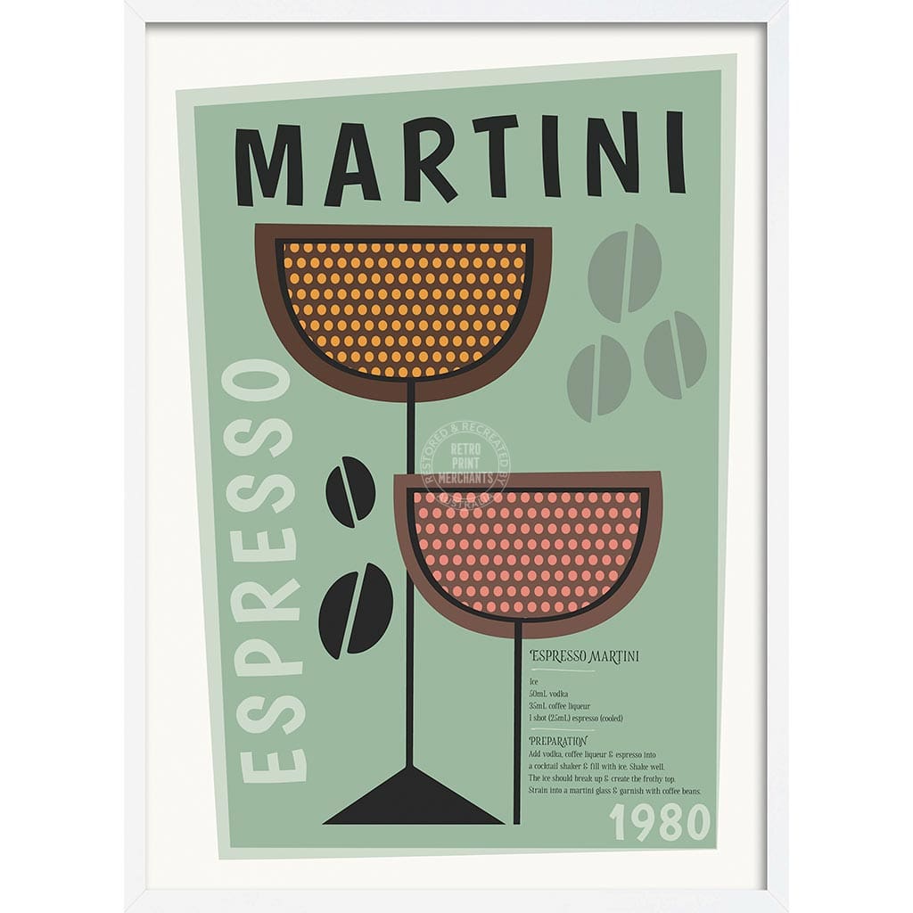 Espresso Martini Cocktail | Worldwide A4 210 X 297Mm 8.3 11.7 Inches / Framed Print: White Timber