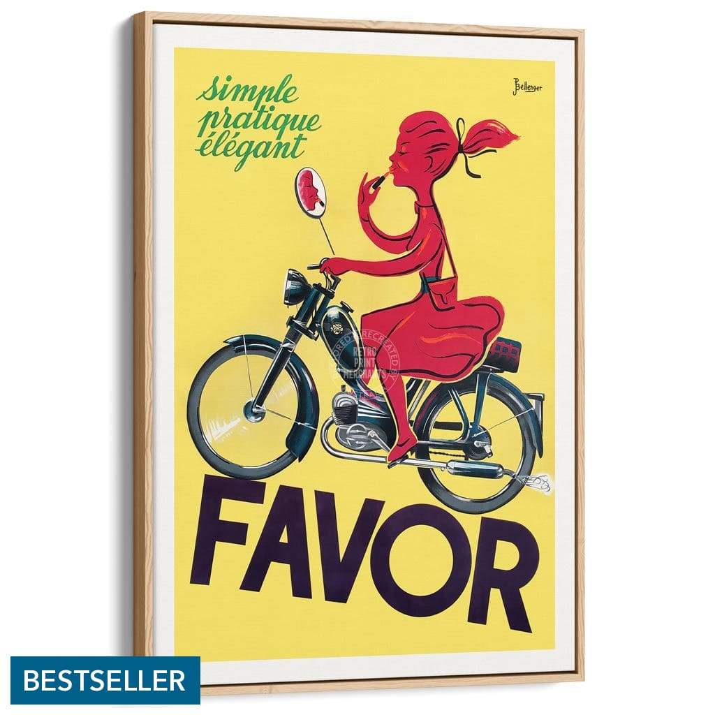 Favor Moped | France A3 297 X 420Mm 11.7 16.5 Inches / Canvas Floating Frame - Natural Oak Timber