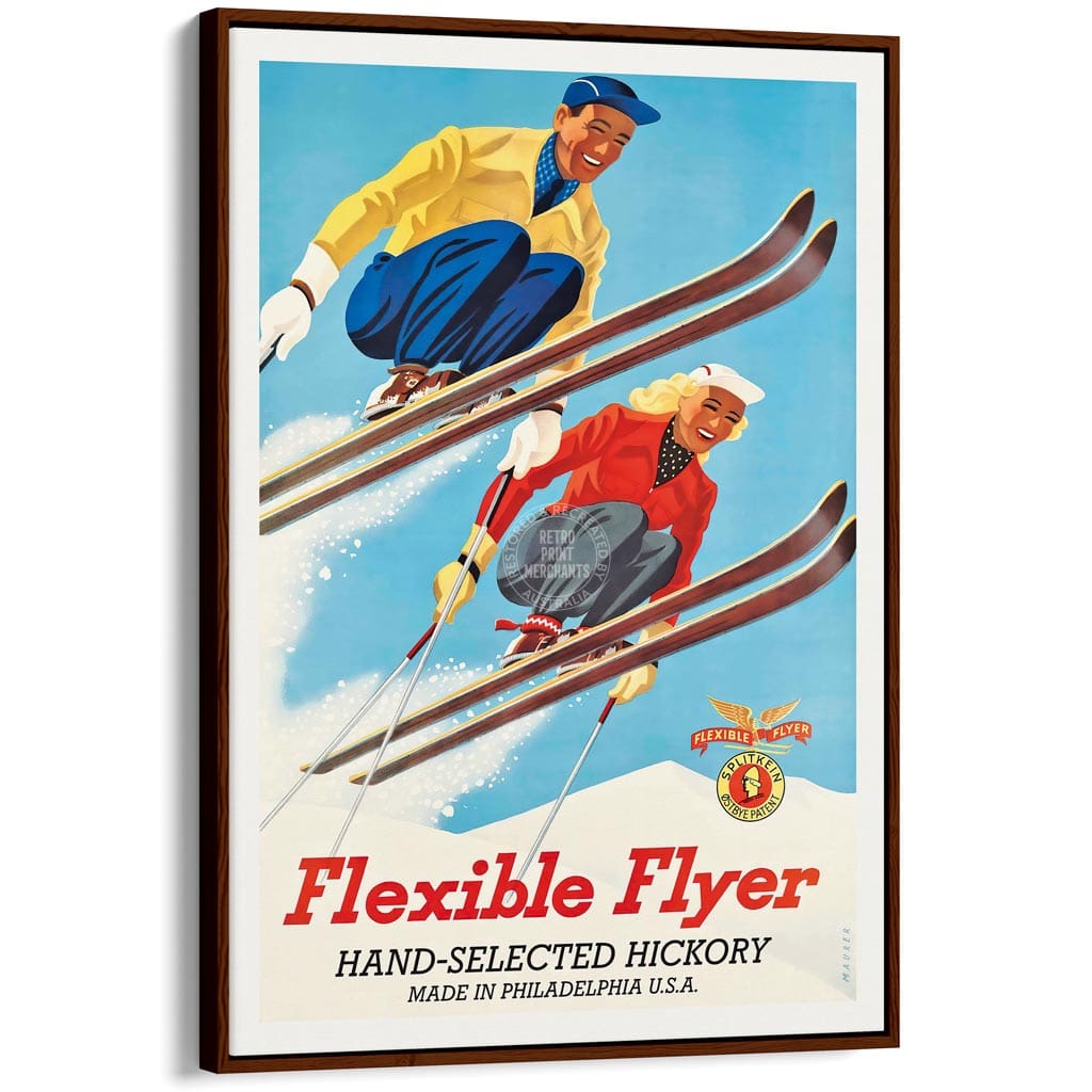 FLEXIBLE FLYER SKIS | UNITED STATES A3 | 297 x 420mm | 11.7 x 16.5 inches / Canvas Floating Frame: Chocolate Oak Timber