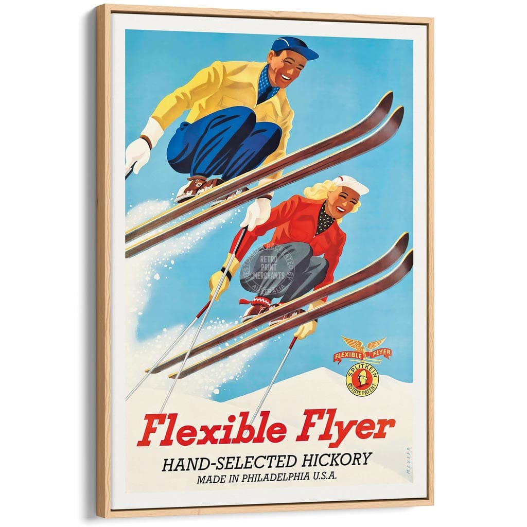 FLEXIBLE FLYER SKIS | UNITED STATES A3 | 297 x 420mm | 11.7 x 16.5 inches / Canvas Floating Frame: Natural Oak Timber