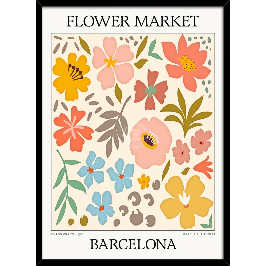 Flower Market | Barcelona Or Personalise It! A4 210 X 297Mm 8.3 11.7 Inches / Framed Print: Black