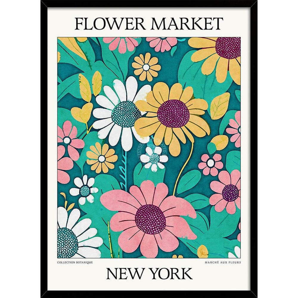 Flower Market | New York Or Personalise It! A4 210 X 297Mm 8.3 11.7 Inches / Framed Print: Black