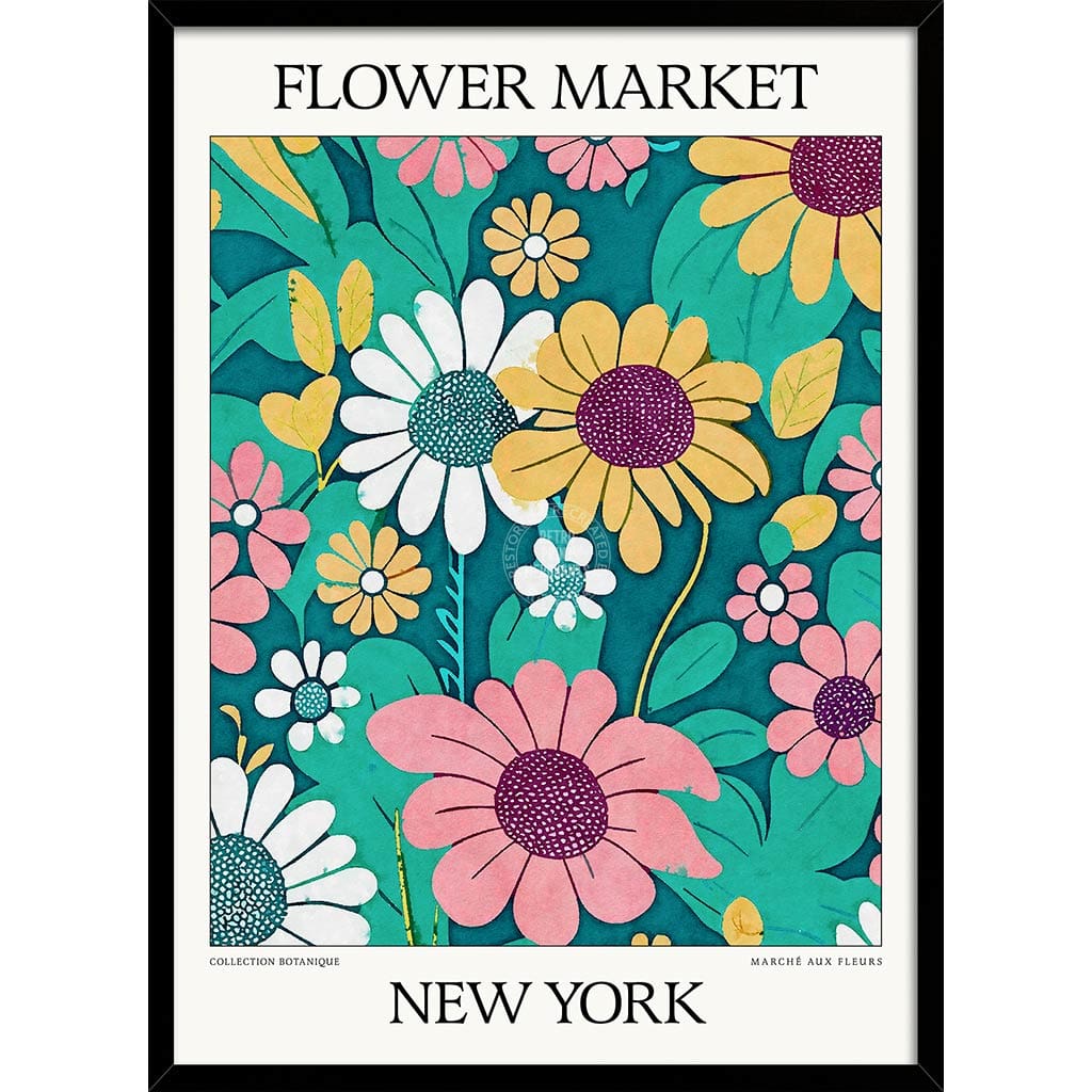 Flower Market | New York Or Personalise It! A4 210 X 297Mm 8.3 11.7 Inches / Framed Print: Black