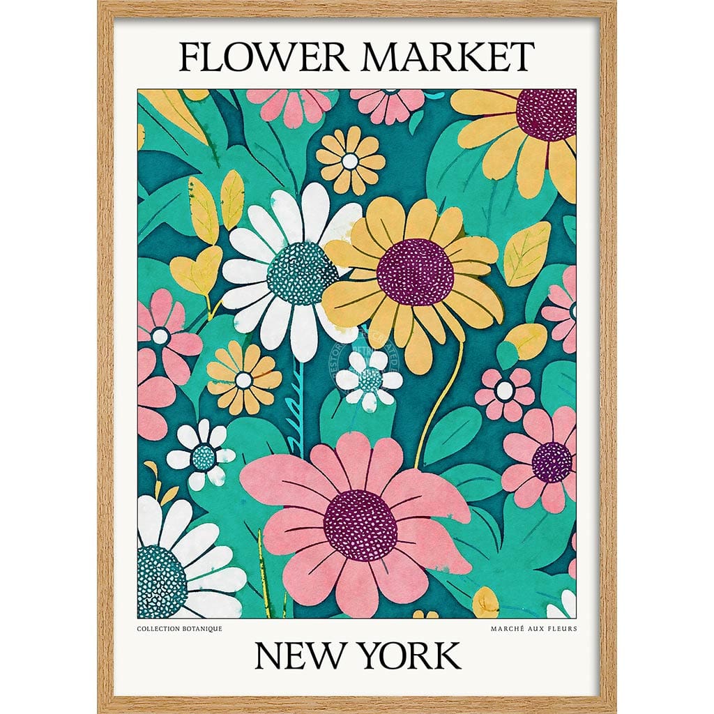 Flower Market | New York Or Personalise It! A4 210 X 297Mm 8.3 11.7 Inches / Framed Print: Natural