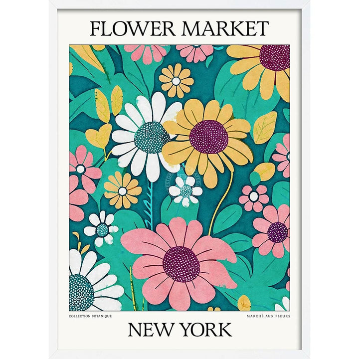 Flower Market | New York Or Personalise It! A4 210 X 297Mm 8.3 11.7 Inches / Framed Print: White