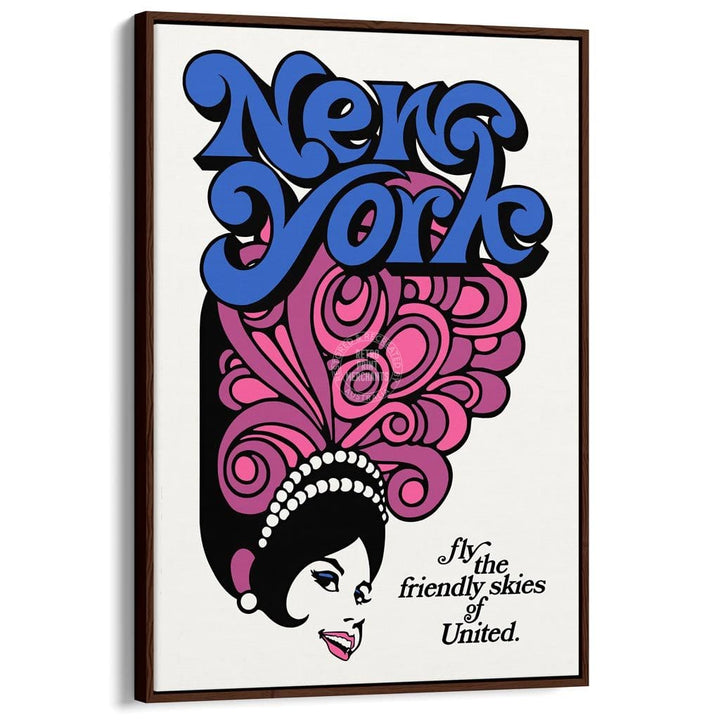 Fly To New York | Usa A3 297 X 420Mm 11.7 16.5 Inches / Canvas Floating Frame - Dark Oak Timber