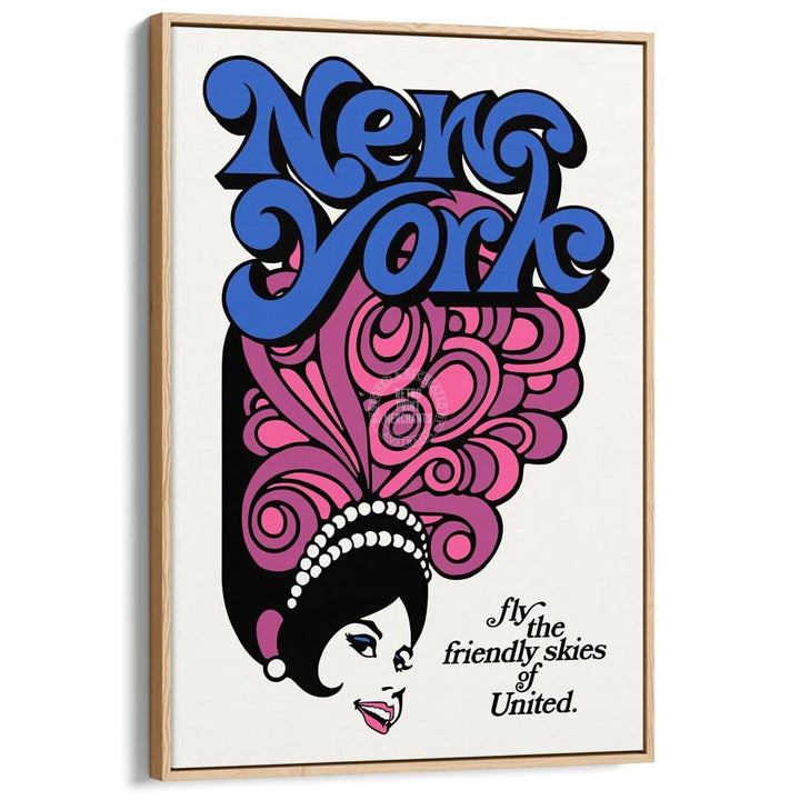 Fly To New York | Usa A3 297 X 420Mm 11.7 16.5 Inches / Canvas Floating Frame - Natural Oak Timber