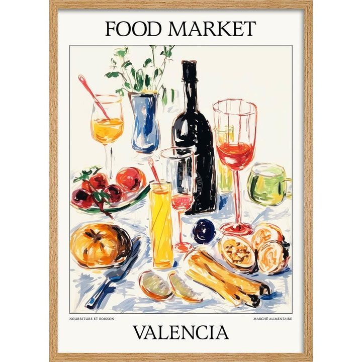 Food Market | Valencia Or Personalise It! A4 210 X 297Mm 8.3 11.7 Inches / Framed Print: Natural Oak