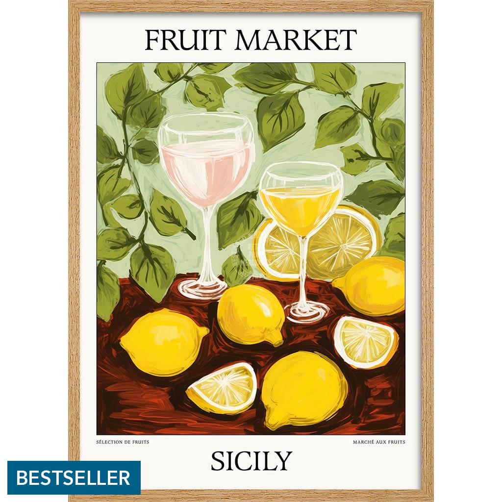 Fruit Market | Sicily Or Personalise It! A4 210 X 297Mm 8.3 11.7 Inches / Framed Print: Natural Oak