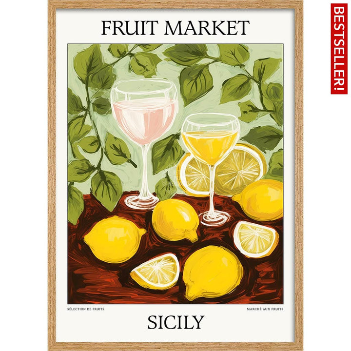 Fruit Market | Sicily Or Personalise It! A4 210 X 297Mm 8.3 11.7 Inches / Framed Print: Natural Oak