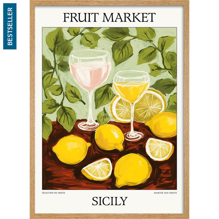 Fruit Market | Sicily Or Personalise It! A4 210 X 297Mm 8.3 11.7 Inches / Framed Print: Natural Oak