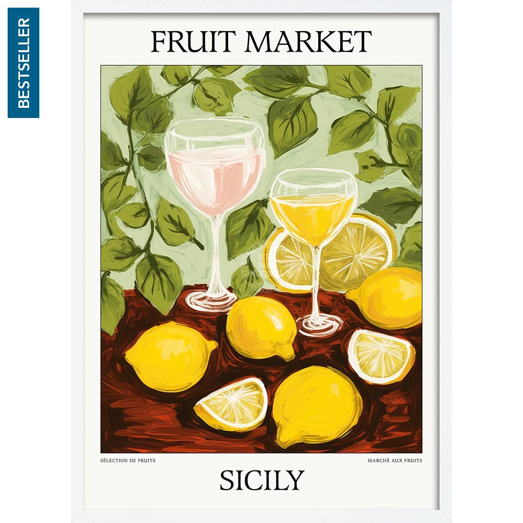 Fruit Market | Sicily Or Personalise It! A4 210 X 297Mm 8.3 11.7 Inches / Framed Print: White Timber