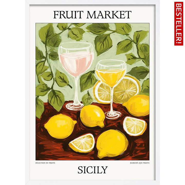 Fruit Market | Sicily Or Personalise It! A4 210 X 297Mm 8.3 11.7 Inches / Framed Print: White Timber