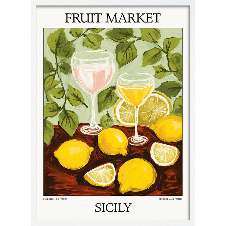 Fruit Market | Sicily Or Personalise It! A4 210 X 297Mm 8.3 11.7 Inches / Framed Print: White Timber