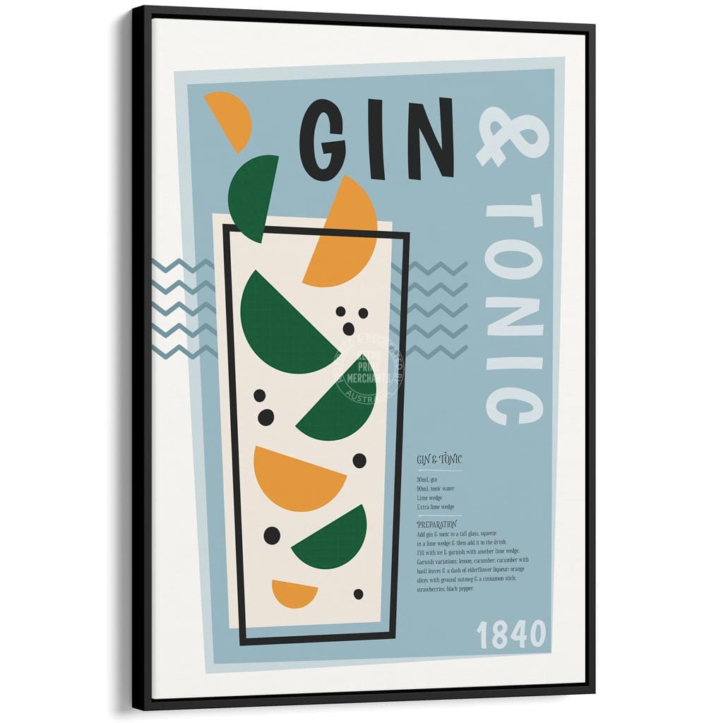 Gin & Tonic Cocktail | Worldwide A4 210 X 297Mm 8.3 11.7 Inches / Canvas Floating Frame: Black