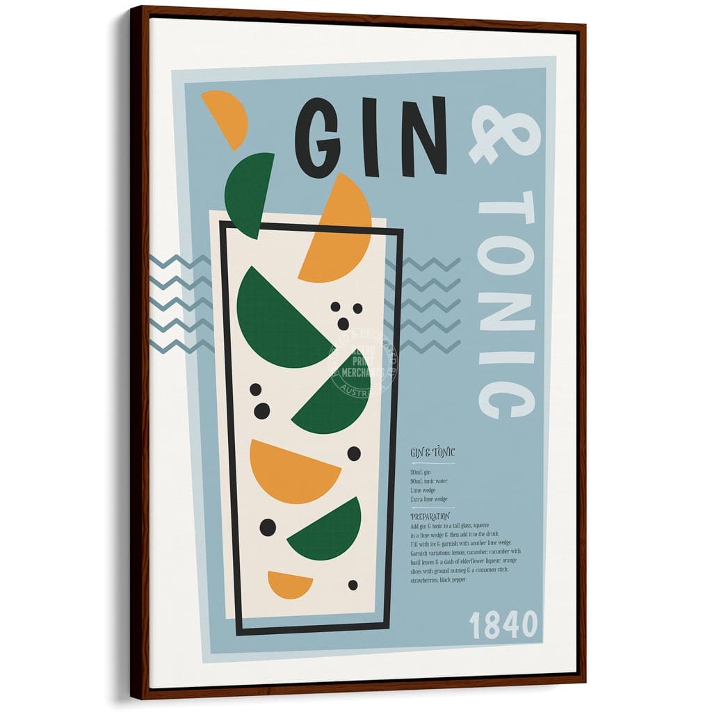 Gin & Tonic Cocktail | Worldwide A4 210 X 297Mm 8.3 11.7 Inches / Canvas Floating Frame: Chocolate