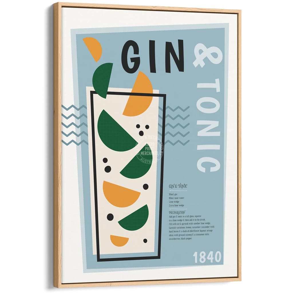 Gin & Tonic Cocktail | Worldwide A4 210 X 297Mm 8.3 11.7 Inches / Canvas Floating Frame: Natural