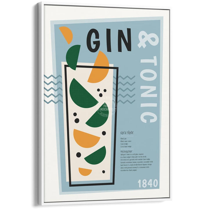 Gin & Tonic Cocktail | Worldwide A4 210 X 297Mm 8.3 11.7 Inches / Canvas Floating Frame: White