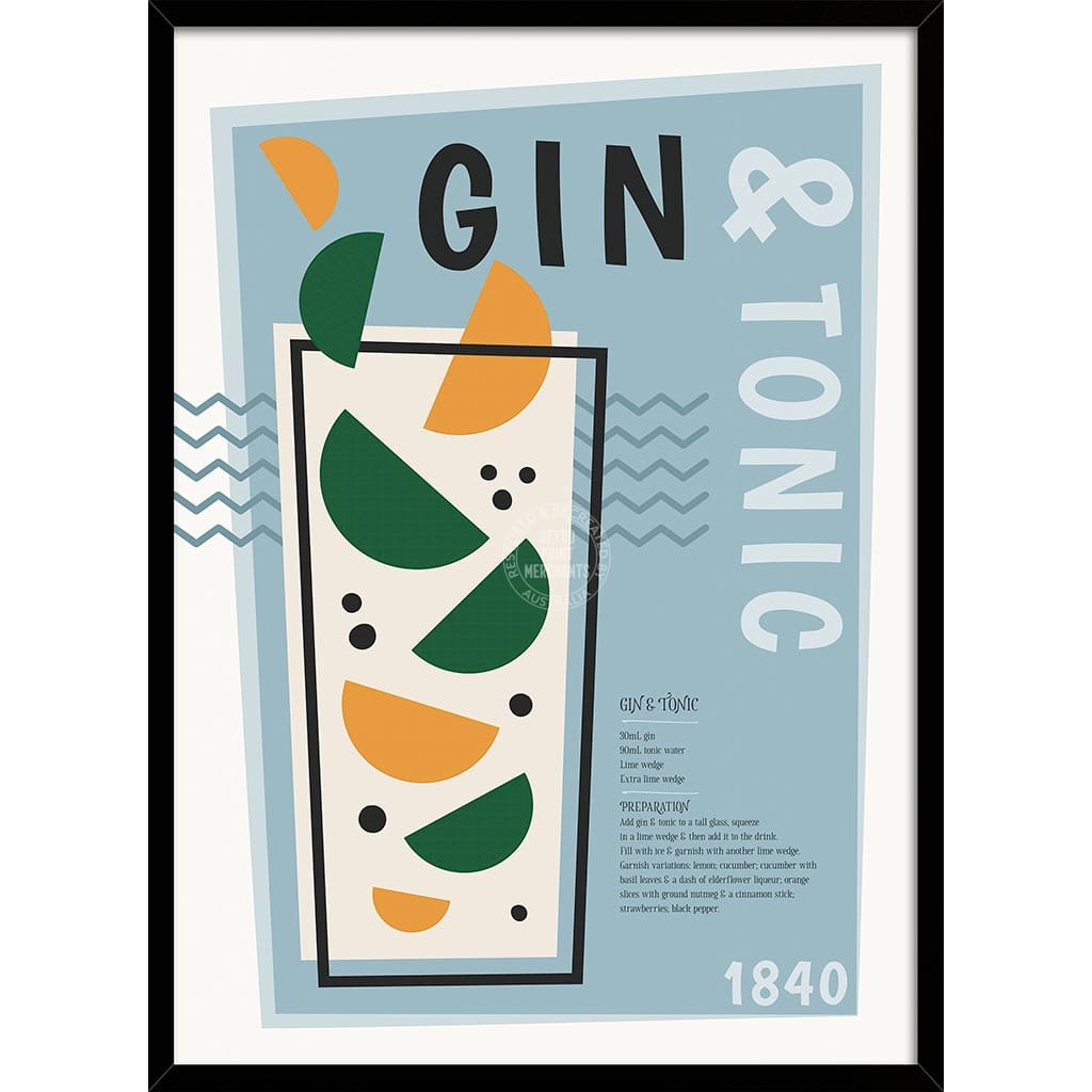 Gin & Tonic Cocktail | Worldwide A4 210 X 297Mm 8.3 11.7 Inches / Framed Print: Black Timber Print