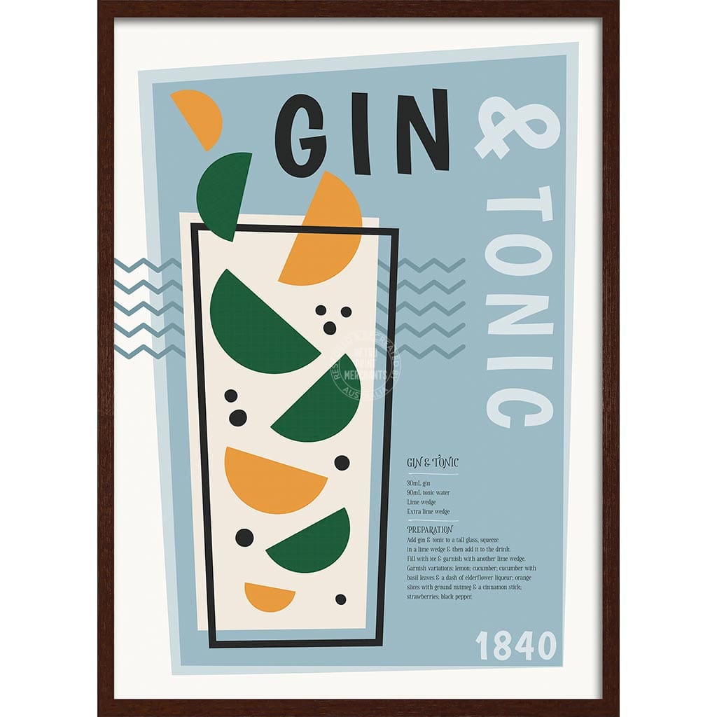 Gin & Tonic Cocktail | Worldwide A4 210 X 297Mm 8.3 11.7 Inches / Framed Print: Chocolate Oak