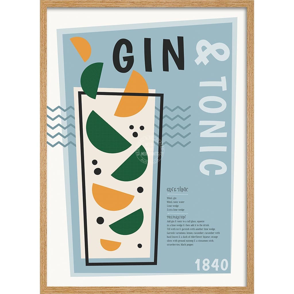 Gin & Tonic Cocktail | Worldwide A4 210 X 297Mm 8.3 11.7 Inches / Framed Print: Natural Oak Timber