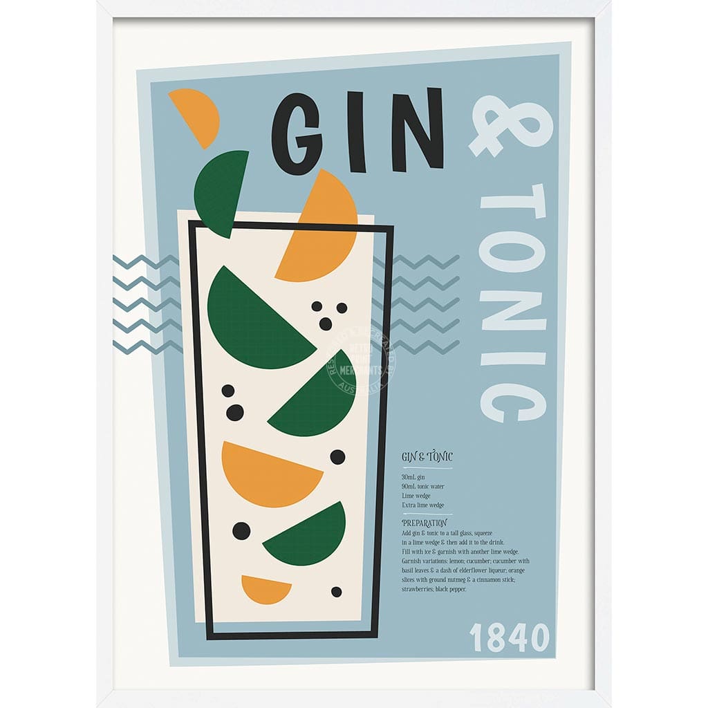 Gin & Tonic Cocktail | Worldwide A4 210 X 297Mm 8.3 11.7 Inches / Framed Print: White Timber Print