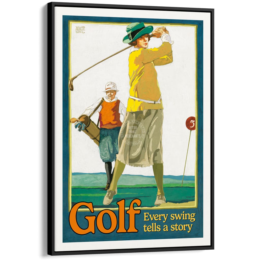 GOLF 1923 | USA A3 | 297 x 420mm | 11.7 x 16.5 inches / Canvas Floating Frame: Black Timber Print Art