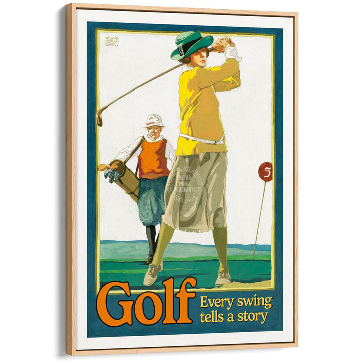 GOLF 1923 | USA A3 | 297 x 420mm | 11.7 x 16.5 inches / Canvas Floating Frame: Natural Oak Timber Print Art