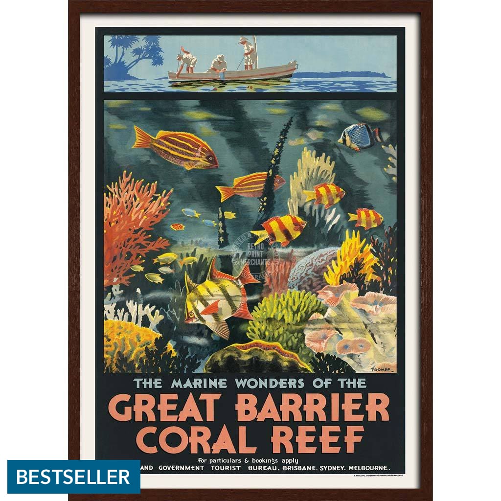 Great Barrier Coral Reef | Australia 422Mm X 295Mm 16.6 11.6 A3 / Dark Oak Print Art