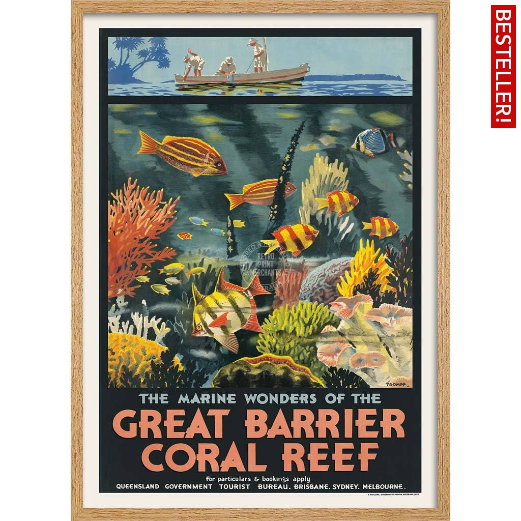 Great Barrier Coral Reef | Australia 422Mm X 295Mm 16.6 11.6 A3 / Natural Oak Print Art