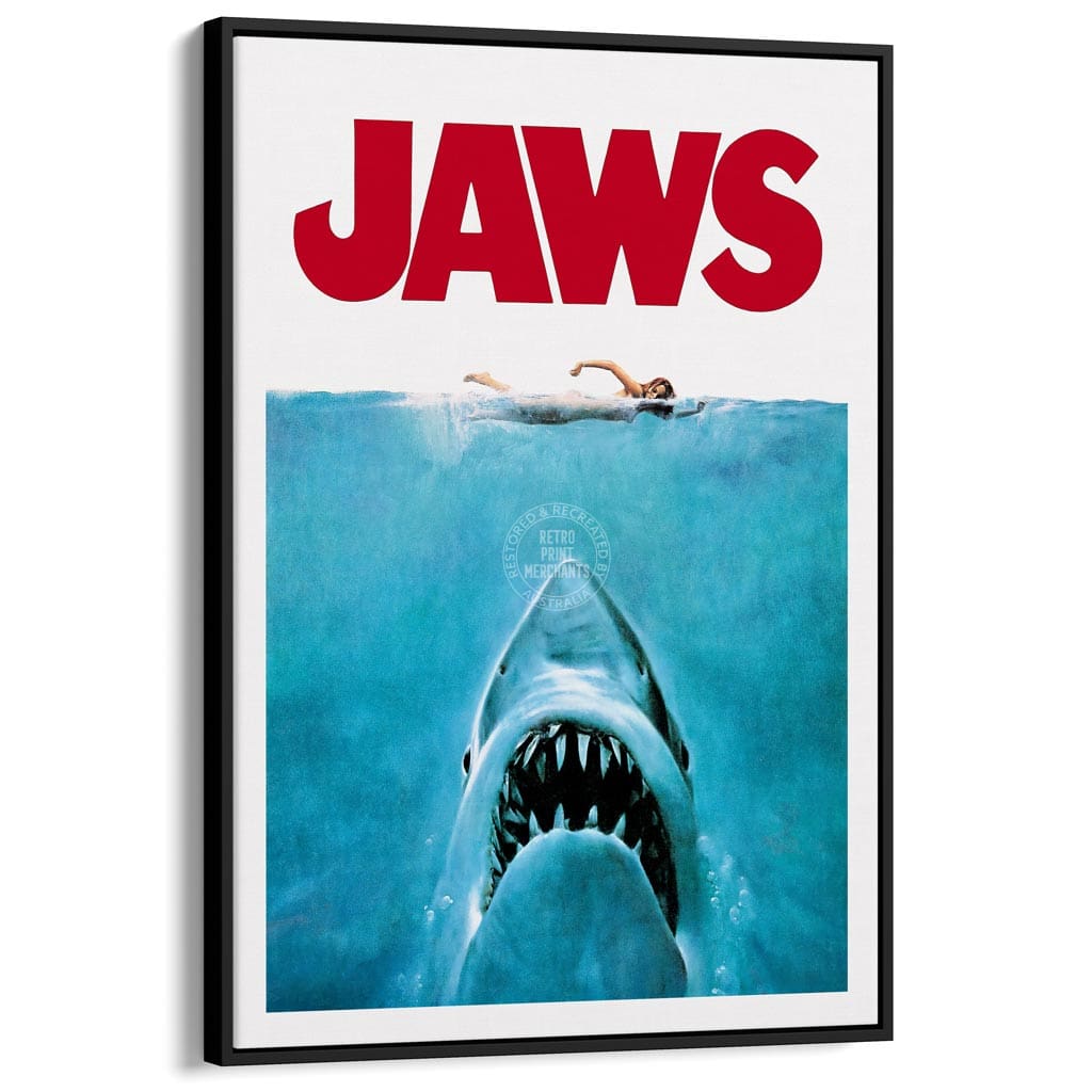 Jaws 1975 | Usa A3 297 X 420Mm 11.7 16.5 Inches / Canvas Floating Frame - Black Timber Print Art