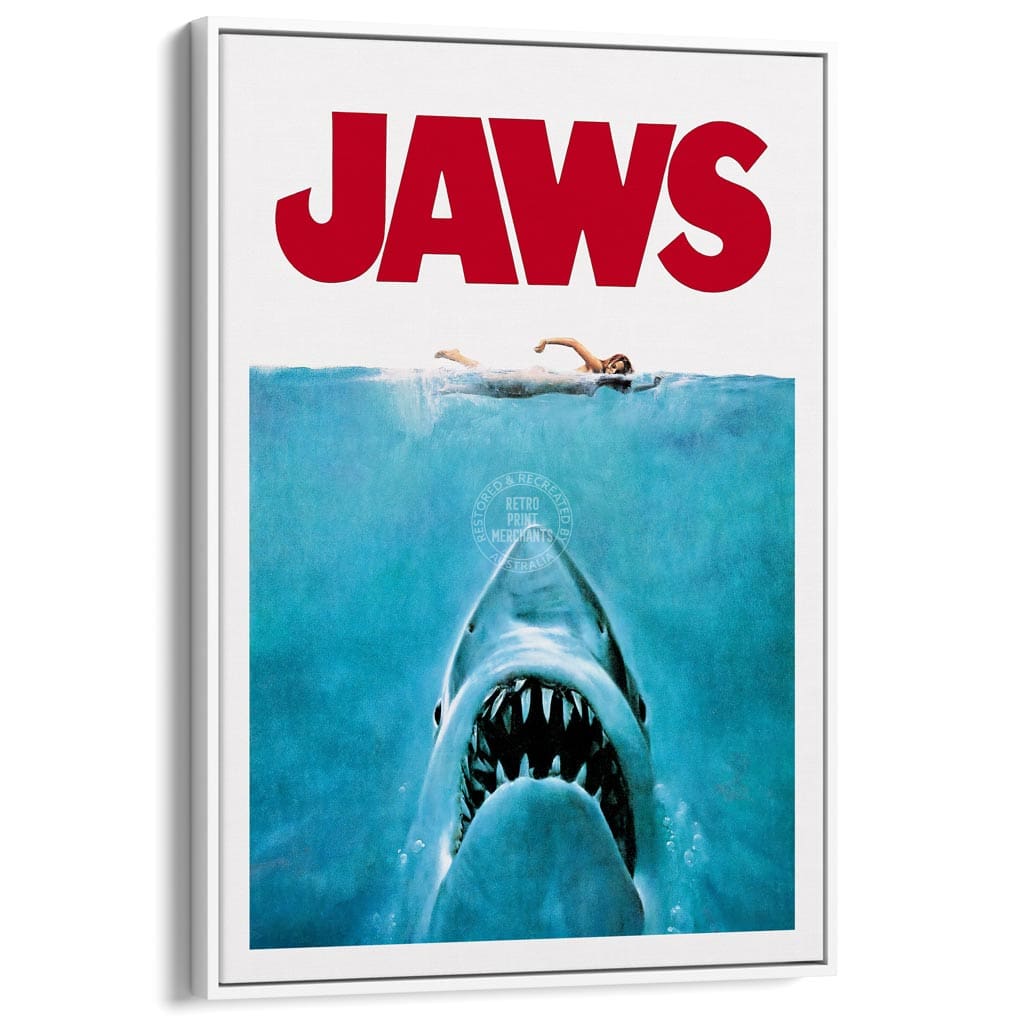 Jaws 1975 | Usa A3 297 X 420Mm 11.7 16.5 Inches / Canvas Floating Frame - White Timber Print Art
