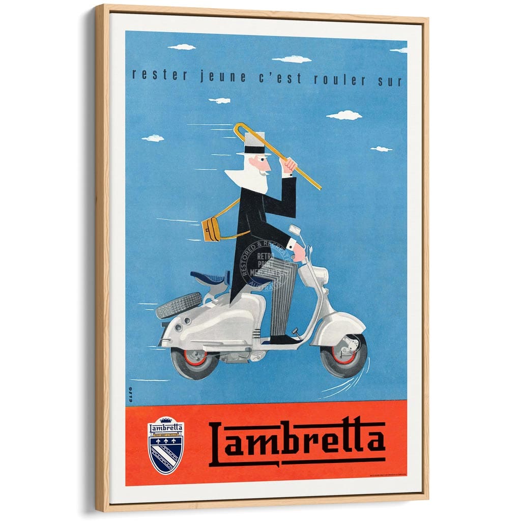 Lambretta Scooters | Italy A4 210 X 297Mm 8.3 11.7 Inches / Canvas Floating Frame: Natural Oak