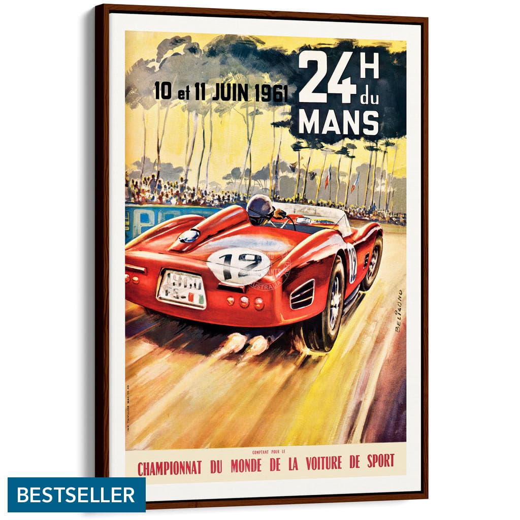 LE MANS 1961 | FRANCE A3 | 297 x 420mm | 11.7 x 16.5 inches / Canvas Floating Frame: Chocolate Oak Timber Print Art