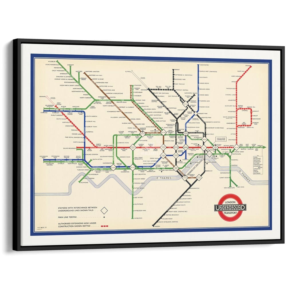 LONDON UNDERGROUND MAP 1937 | UNITED KINGDOM A3 | 297 x 420mm | 11.7 x 16.5 inches / Canvas Floating Frame: Black