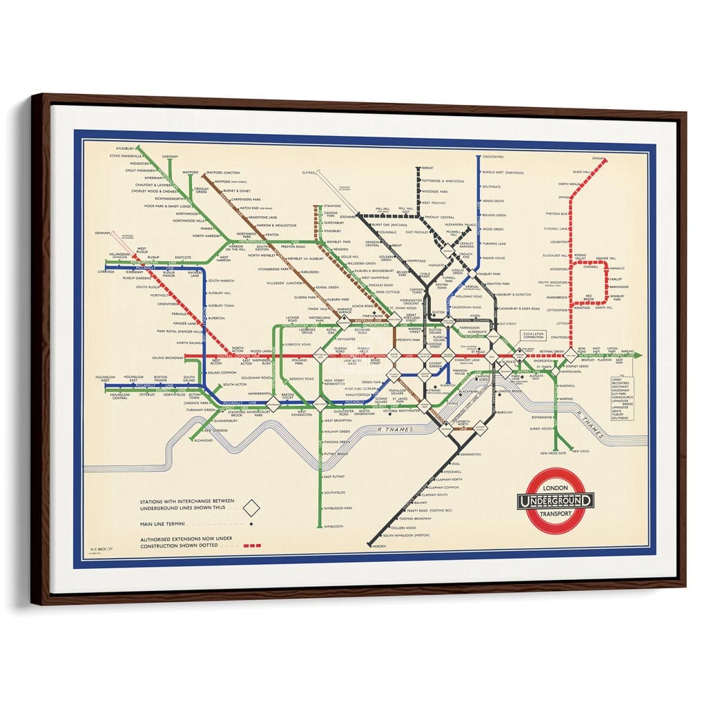 LONDON UNDERGROUND MAP 1937 | UNITED KINGDOM A3 | 297 x 420mm | 11.7 x 16.5 inches / Canvas Floating Frame: Chocolate