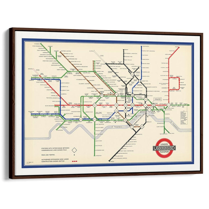 LONDON UNDERGROUND MAP 1937 | UNITED KINGDOM A3 | 297 x 420mm | 11.7 x 16.5 inches / Canvas Floating Frame: Chocolate