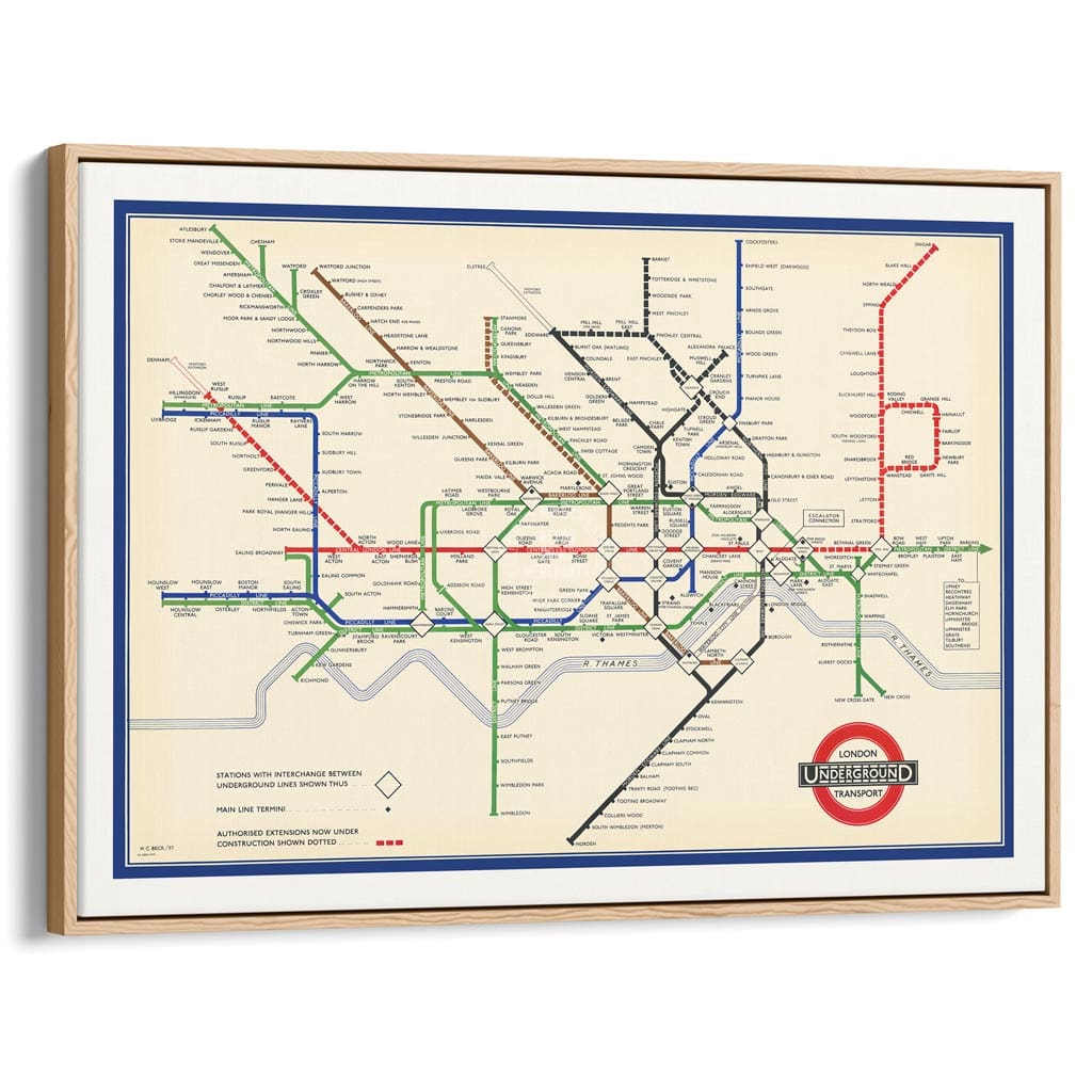 LONDON UNDERGROUND MAP 1937 | UNITED KINGDOM A3 | 297 x 420mm | 11.7 x 16.5 inches / Canvas Floating Frame: Natural Oak
