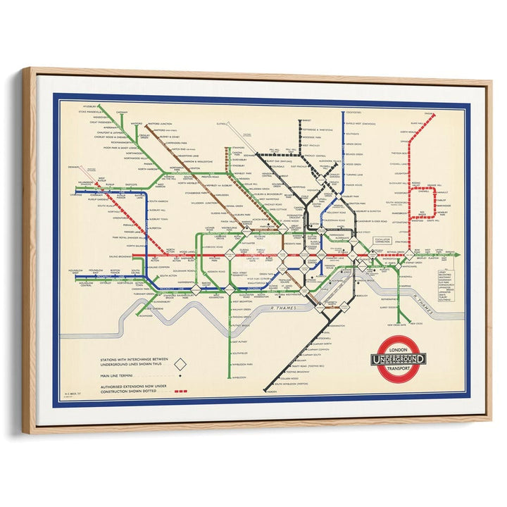 LONDON UNDERGROUND MAP 1937 | UNITED KINGDOM A3 | 297 x 420mm | 11.7 x 16.5 inches / Canvas Floating Frame: Natural Oak