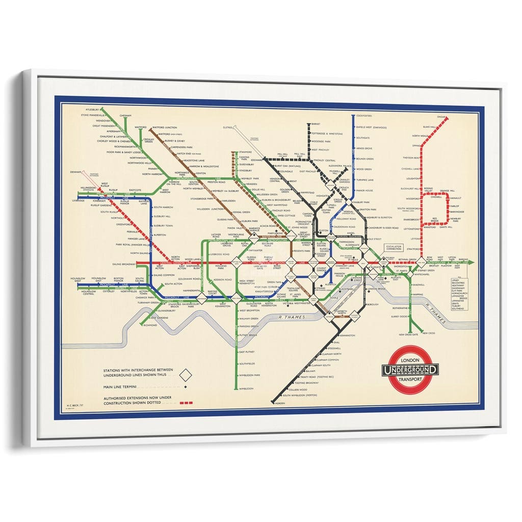 LONDON UNDERGROUND MAP 1937 | UNITED KINGDOM A3 | 297 x 420mm | 11.7 x 16.5 inches / Canvas Floating Frame: White