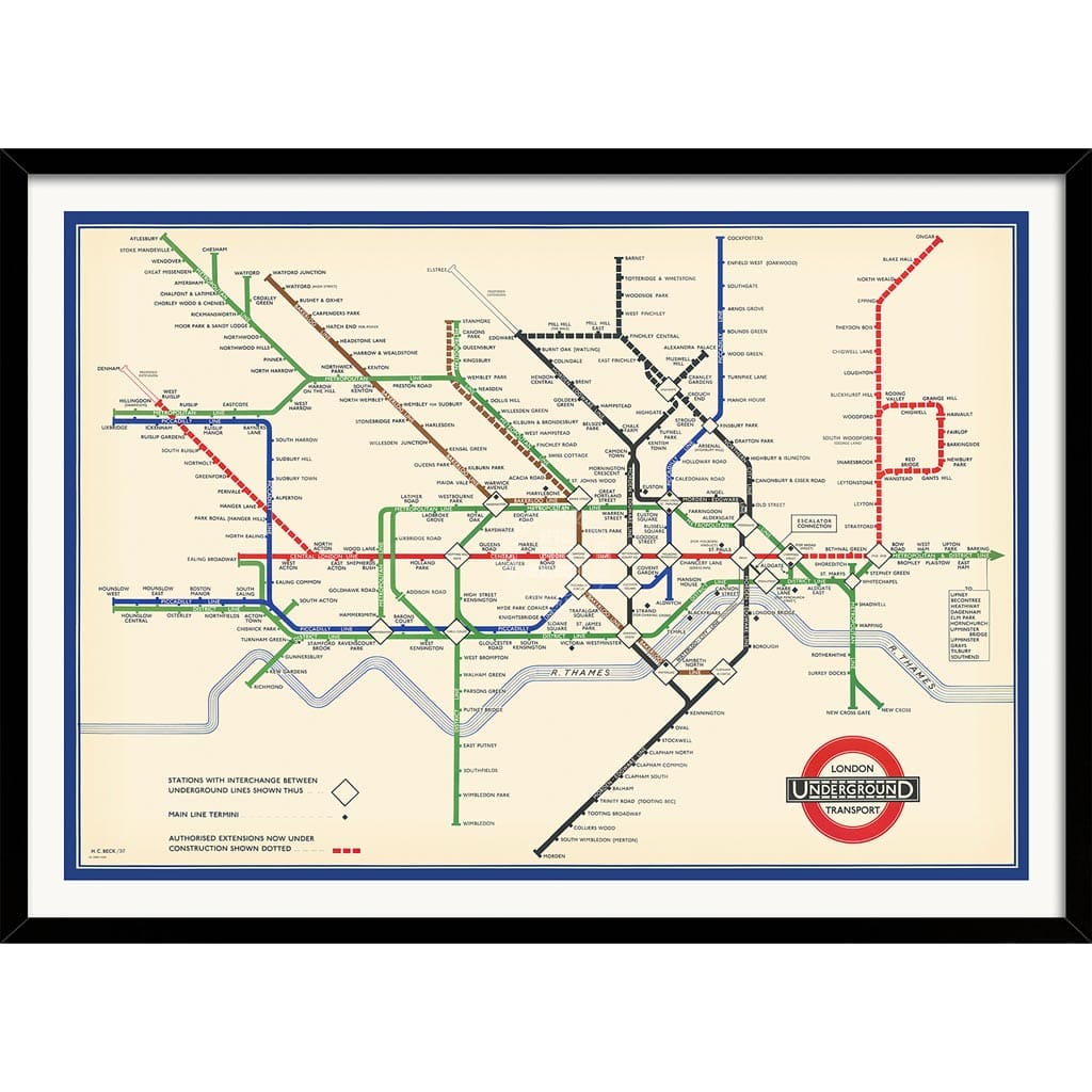 LONDON UNDERGROUND MAP 1937 | UNITED KINGDOM A3 | 297 x 420mm | 11.7 x 16.5 inches / Framed Print: Black Timber Print
