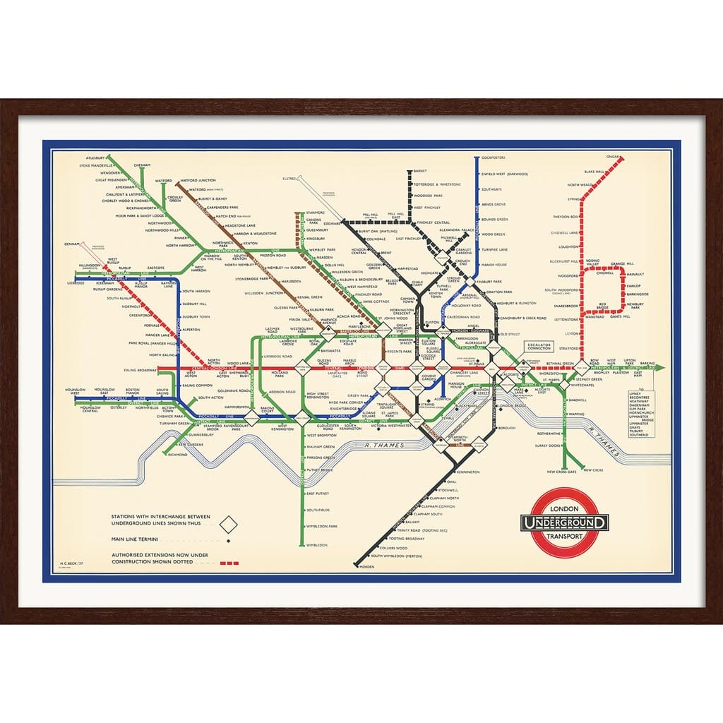 LONDON UNDERGROUND MAP 1937 | UNITED KINGDOM A3 | 297 x 420mm | 11.7 x 16.5 inches / Framed Print: Chocolate Oak Timber