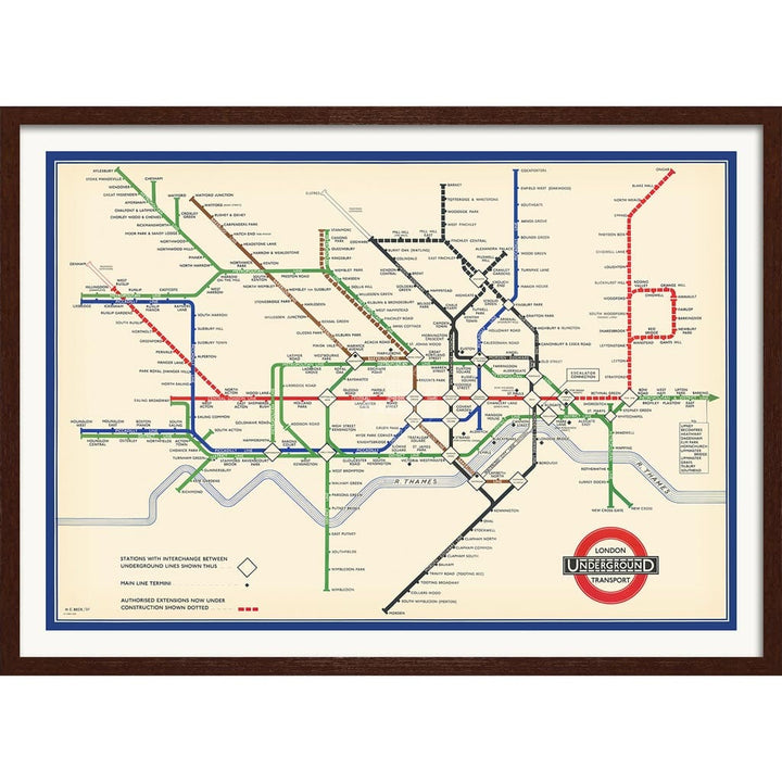 LONDON UNDERGROUND MAP 1937 | UNITED KINGDOM A3 | 297 x 420mm | 11.7 x 16.5 inches / Framed Print: Chocolate Oak Timber