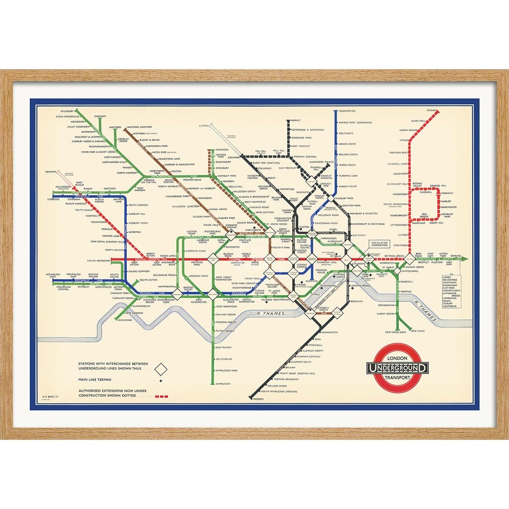 LONDON UNDERGROUND MAP 1937 | UNITED KINGDOM A3 | 297 x 420mm | 11.7 x 16.5 inches / Framed Print: Natural Oak Timber