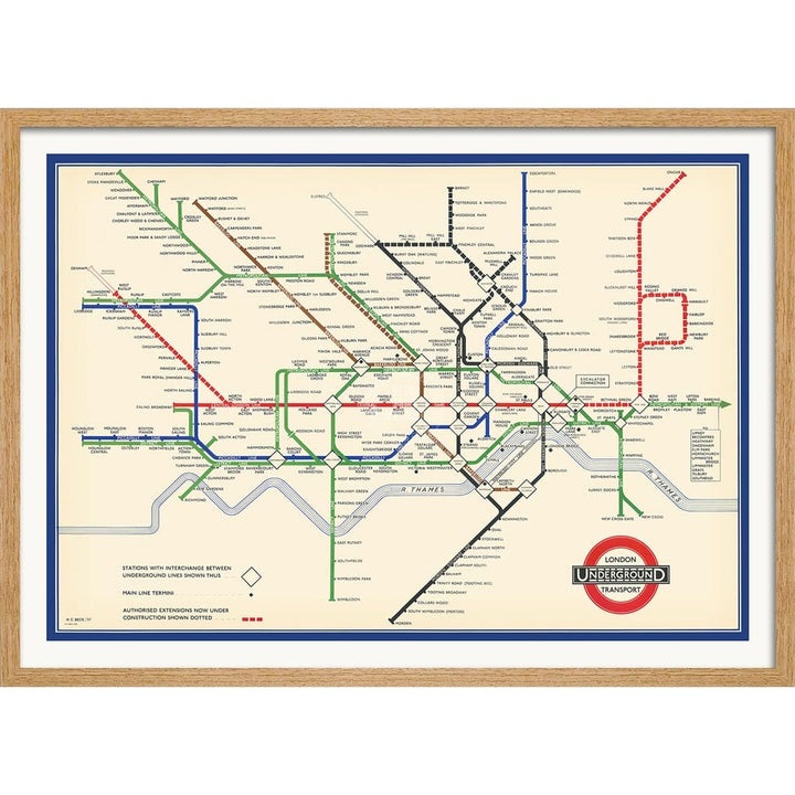 LONDON UNDERGROUND MAP 1937 | UNITED KINGDOM A3 | 297 x 420mm | 11.7 x 16.5 inches / Framed Print: Natural Oak Timber