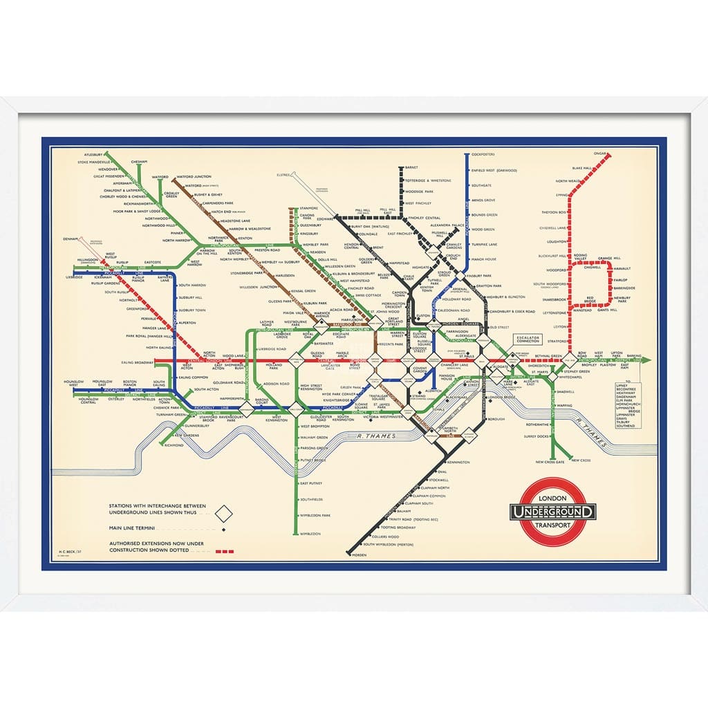 LONDON UNDERGROUND MAP 1937 | UNITED KINGDOM A3 | 297 x 420mm | 11.7 x 16.5 inches / Framed Print: White Timber Print