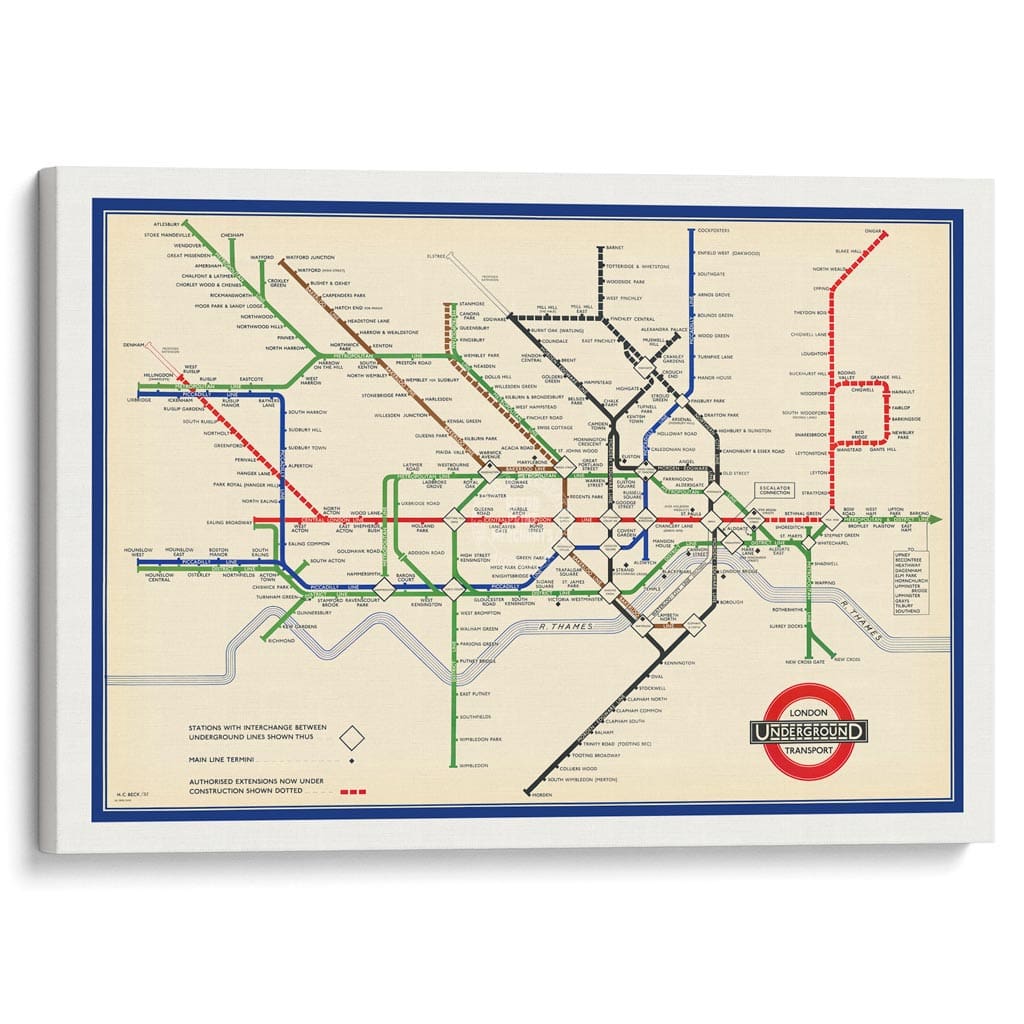 LONDON UNDERGROUND MAP 1937 | UNITED KINGDOM A3 | 297 x 420mm | 11.7 x 16.5 inches / Stretched Canvas Print Art